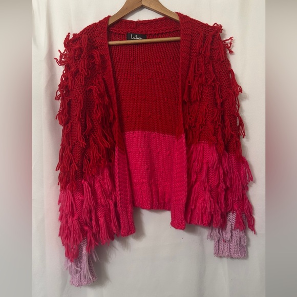 Lulu's Vibrant Red and Pink Fringe Cardigan - Picture 2 of 4